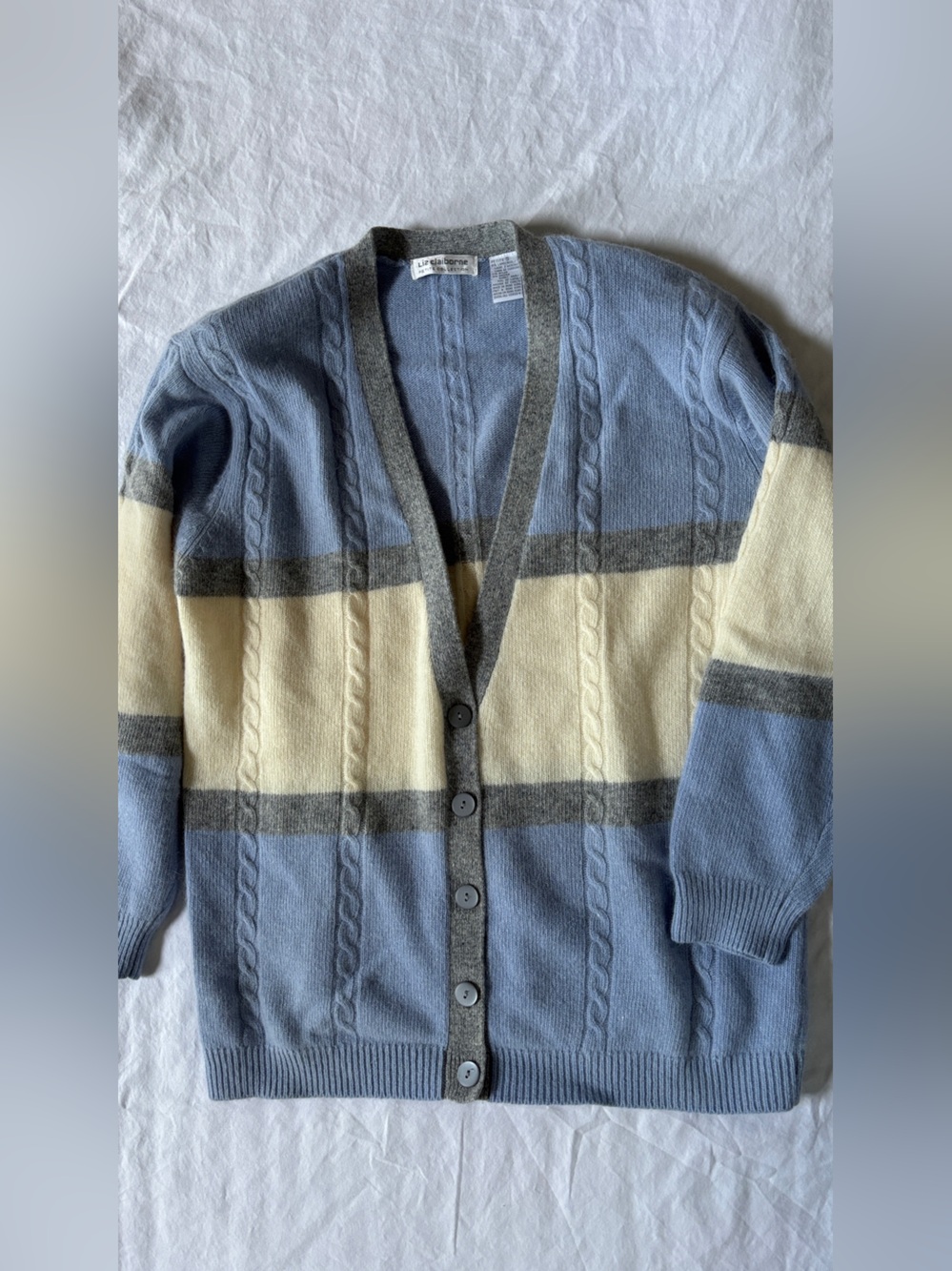 Liz Claiborne Petite S Lambswool Angora Cable Knit Cardigan Blue Gray - Picture 4 of 7